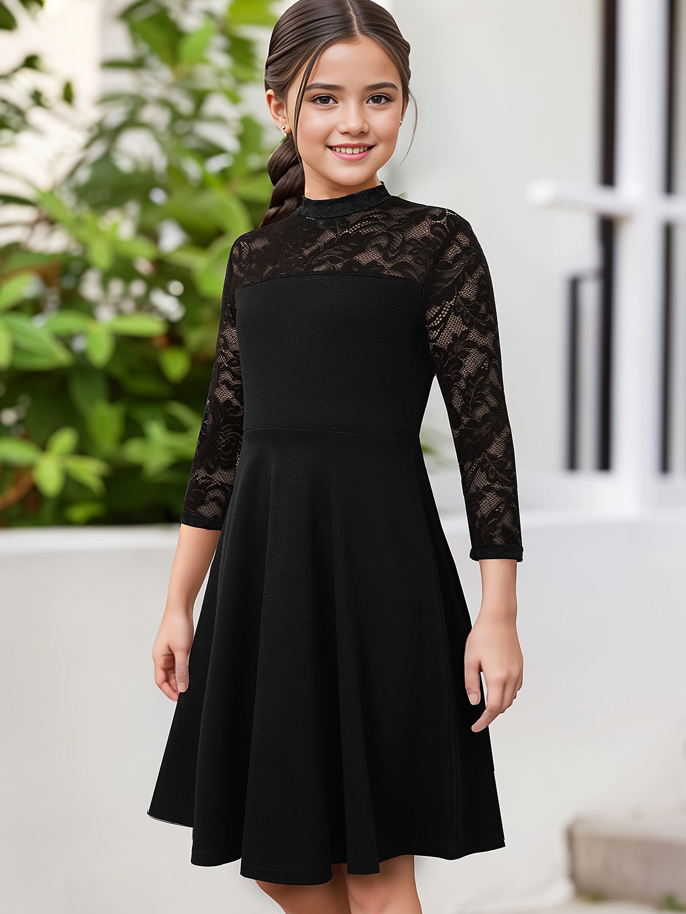 girls solid color lace trim zipper elegant a line skirt temu - Temu