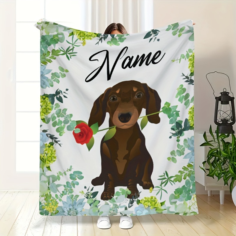 

1pc Creative Dachshund Dog Print Custom Name Blanket, For , Lightweight Flannel Sofa, Bed, Travel, Camping, Living Room, Office, Sofa, Chair - Blanket With Soft And Warm Flannel