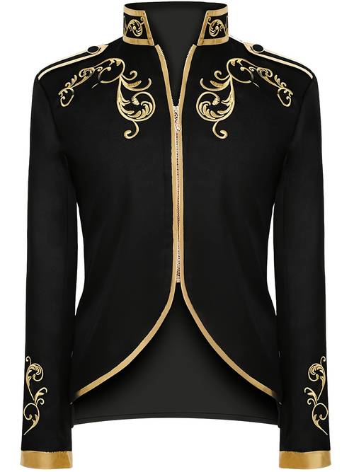 mens vintage embroidered prince costume jacket black with golden floral patterns short length long sleeves zipper closure polyester lining for stage performances historical role play performance attire dramatic flair intricate embroidery