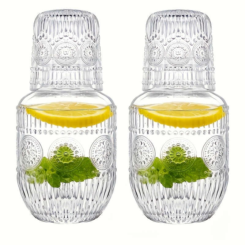 E-shop Set mit 2 eleganten Glas-Nachttisch-Wasserkanne und Tasse, mit Deckel - Transparente Glas-Kanne und Tasse, robuste Glas-Konstruktion, modernes
