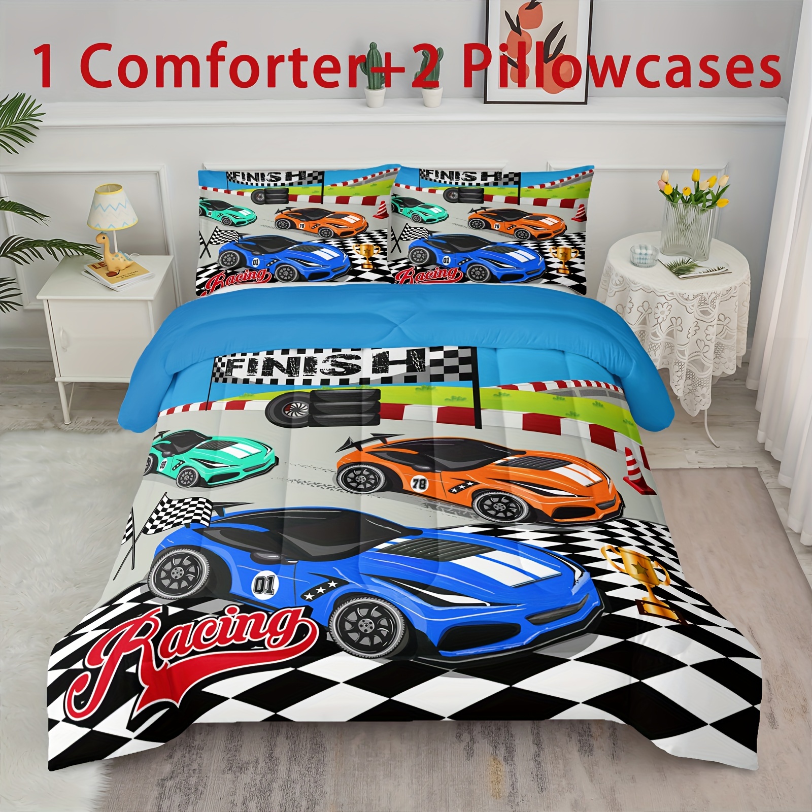 

3pcs Racing Car Comforter Set, Cool Car Print Bedding Set, Gaming Room Decor, Car Themed Comforter Set All Season, Including 1 Comforter 2 Pillowcases (without Core), Soft And Comfortable