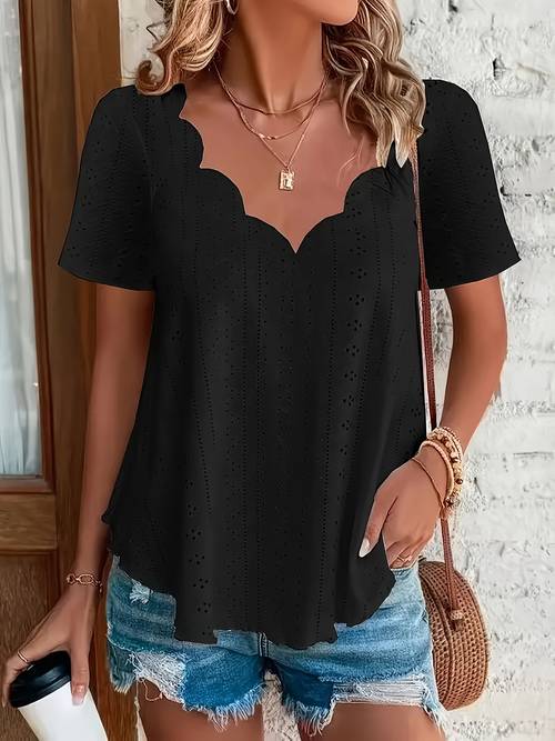 Plus Size Eyelet Solid Scallop Trim T-Shirt, Casual V Neck Short Sleeve Top For Spring & Summer, Women's Plus Size Clothing