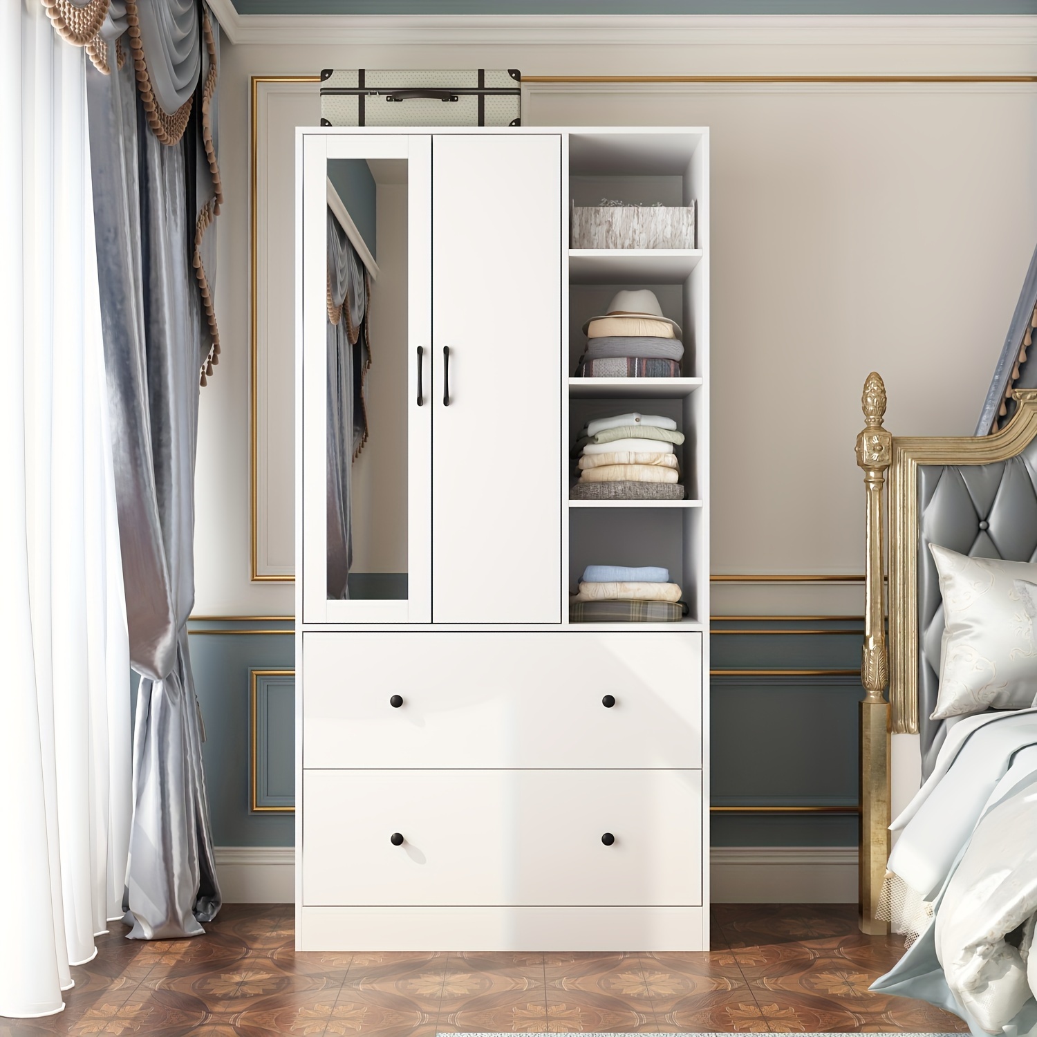 

Armoire Wardrobe Closet With Doors And Mirror, Wardrobe With Hanging Rod, Clothes Wardrobe With Drawers And Shelves, Modern Wardrobe Closet