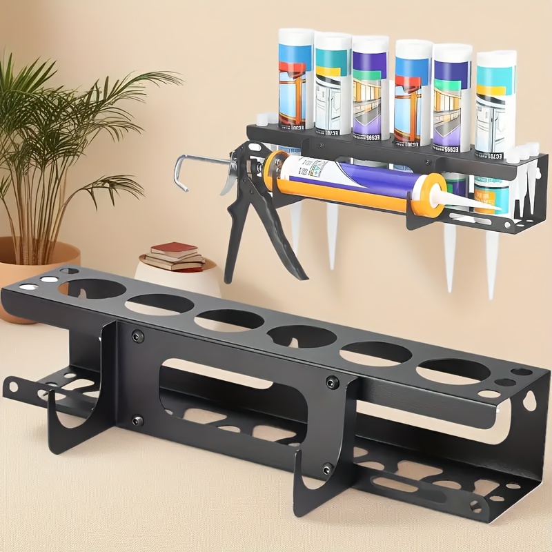heavy duty metal caulking gun tube holder organizer wall mounted with grooved rack holds 6 tubes nozzles space saving garage workshop store shelving   for professional diy use durable construction for caulking guns and tubes storage workshop organization   reliable mounting system utility shelves home   professional organizers compact solution reliable material professional organizers gift utility shelves organizer