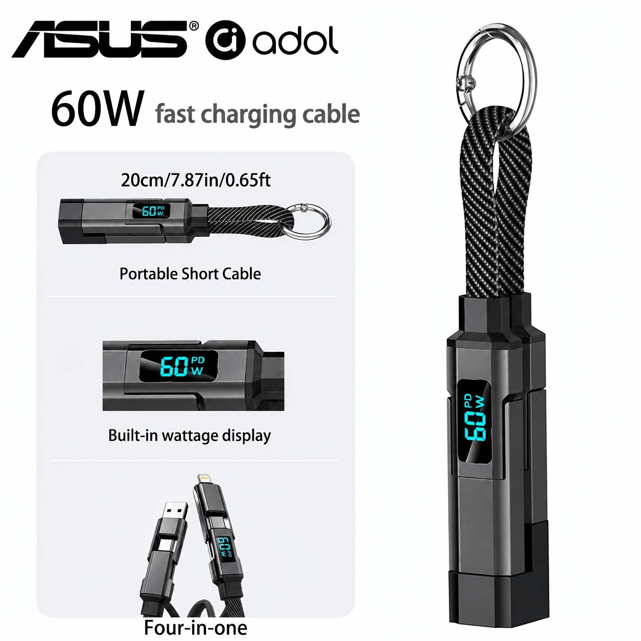 TEMU [-En-Un] Cable de Colgante -En-Un de Carga Súper Rápida de 60W ASUS, Adecuado para iPhone 15-18 , iPad Pro, para Samsung Galaxy Carga USB-C a