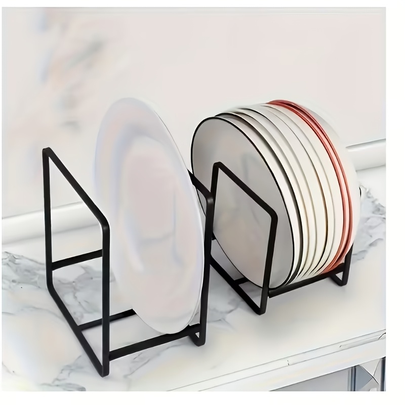 TEMU Sleek Black Metal Dish Rack Set - Space-saving Tiered Shelf Organizer For Kitchen, Durable No-drill Overhead Mounting, Versatile Plate & Utensil