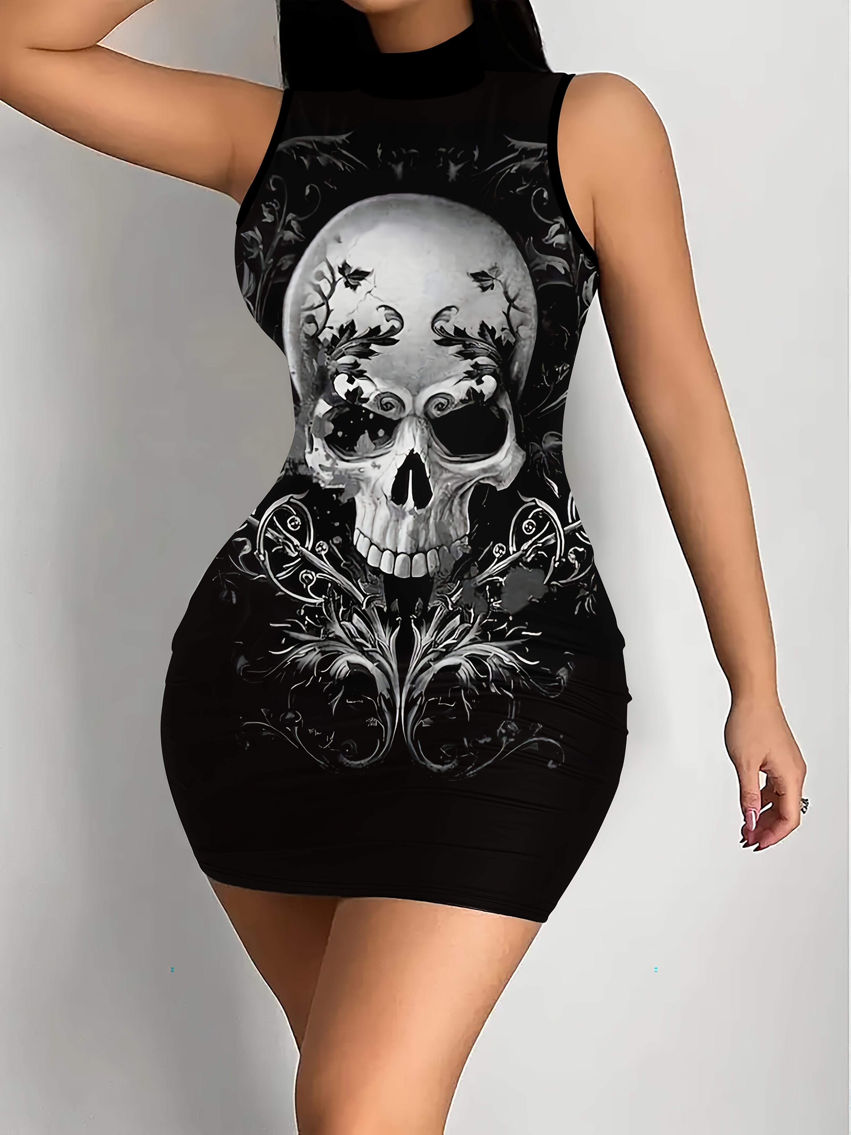 skull bodycon dress Women's Pink Floral Skull Zip Front Bodycon Long Sleeve Dress L