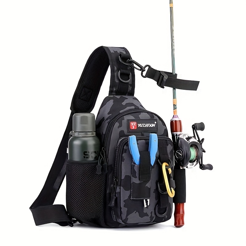 1  functional lure fishing bag tackle backpack sling shoulder waist pack 600d nylon lightweight and wear resistant multi pocket with padded strap camouflage pattern ideal for camping fishing