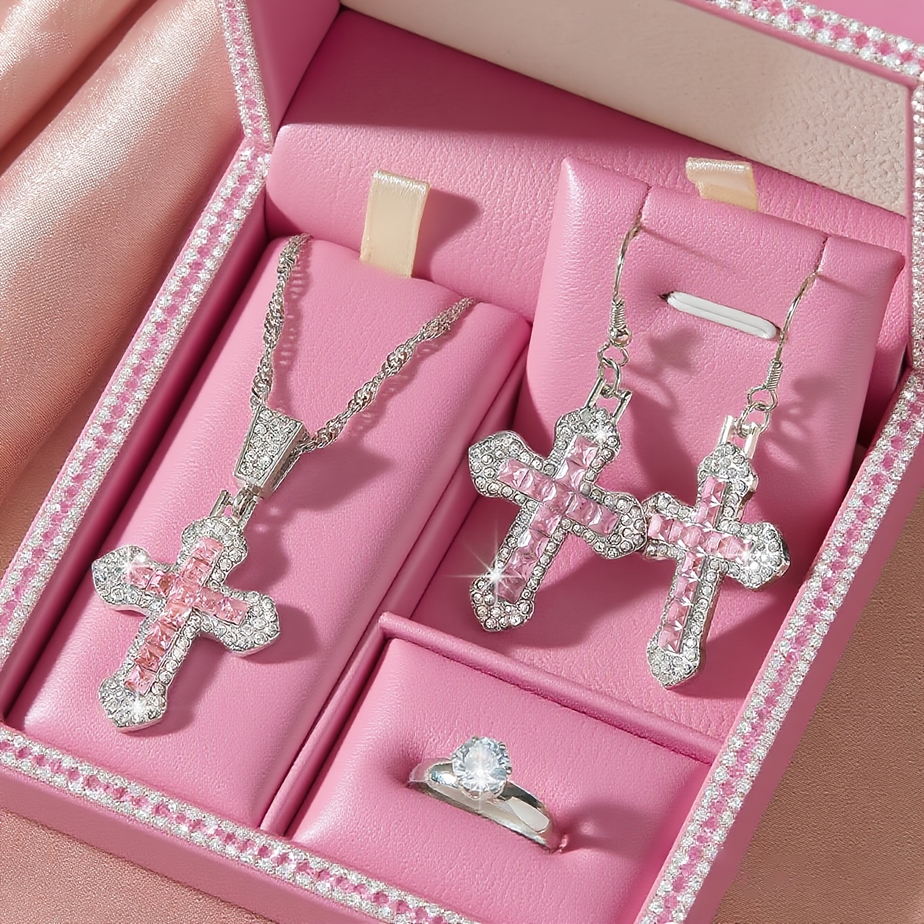 Image of 4pcs Elegant And Classic Jewelry Set, 1pc Necklace, 1pc Ring And 1 Pair Earrings, Fashion Delicate Accessory For Wedding And Party, Ideal Gift For Ladies