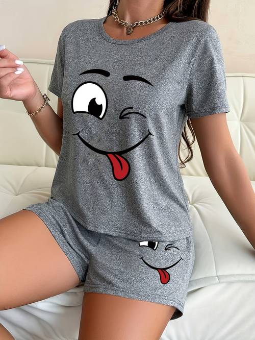 item picture two piece short sleeve and shorts womens loungewear set featuring a cute cartoon print short sleeve top and shorts breathable and comfortable with bow details suitable for casual wear cartoon design