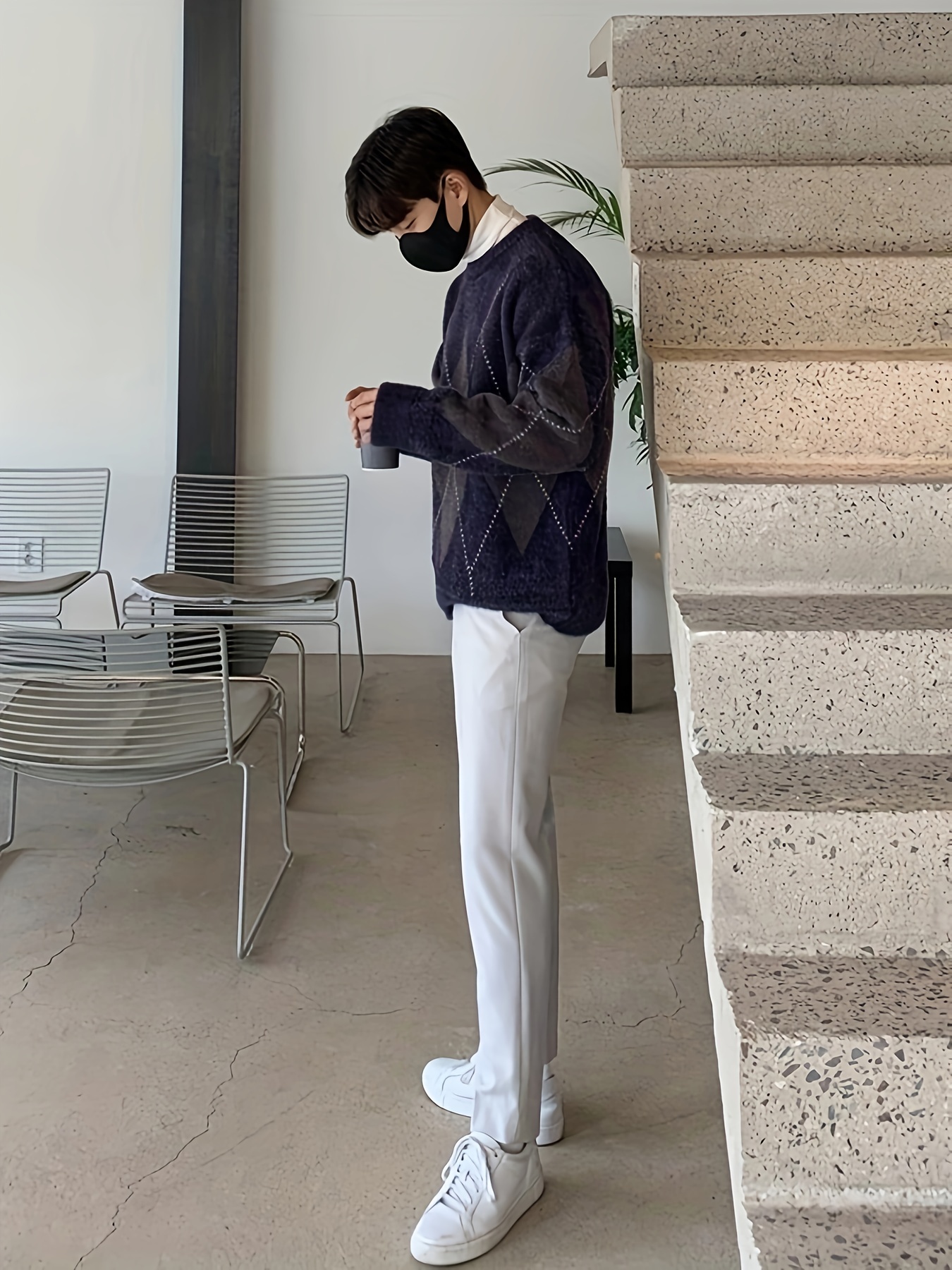 mens trendy argyle pattern sweater casual high stretch Temu Canada