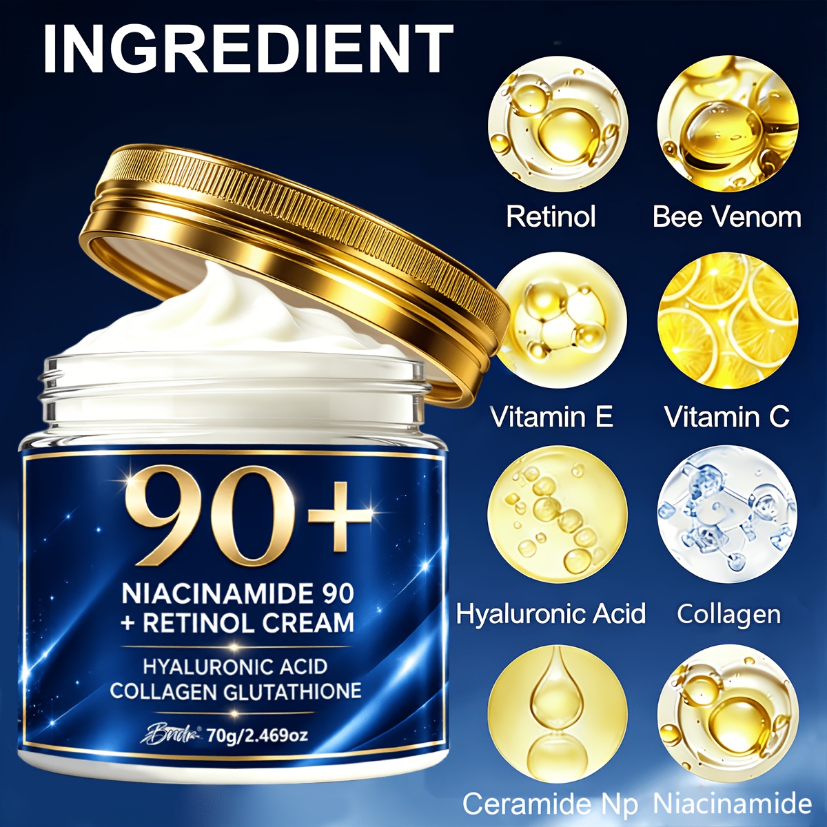 TEMU Crème -Rides Instantanée 1 Minute 90+ pour Tous Types de Peau avec Rétinol, Collagène, Acide Hyaluronique, C et Niacinamide. Donne à un Plus et