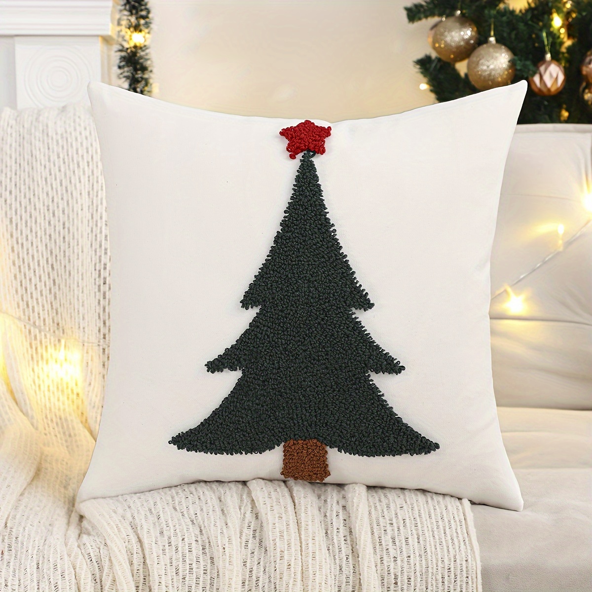 1pc Christmas Pillowcase Fleece Canvas Embroidered Christmas Tree Decor Living Room Bedroom