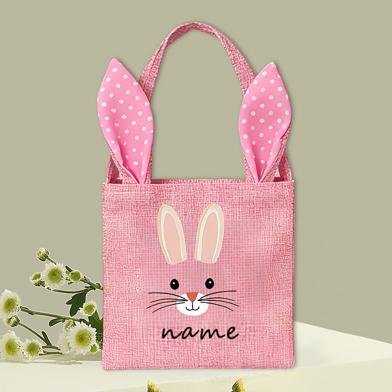 TEMU Personalized Bunny Tote Bag With Custom Name/text - Ears & Print Gift Bag Suitable For Her/him, / Handbag For Easter Basket,,, Hand Washable