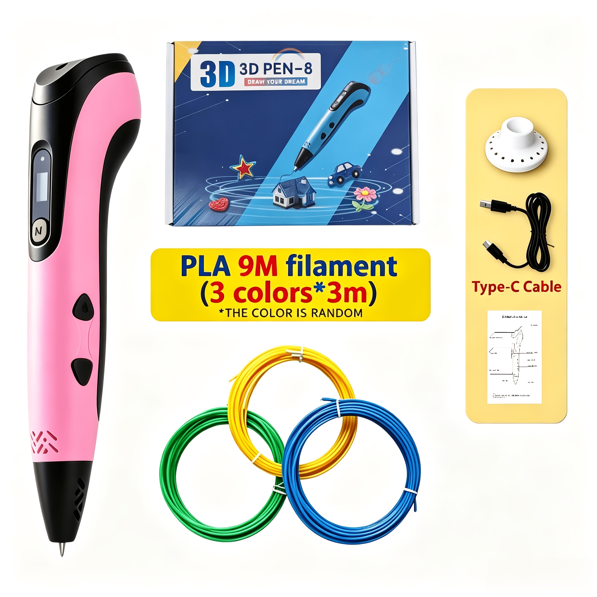 TEMU bolígrafo de impresión 3D con pantalla digital, de color de cuerpo, ajuste de tres velocidades, juego de pinceles , filamento PLA multicolor,