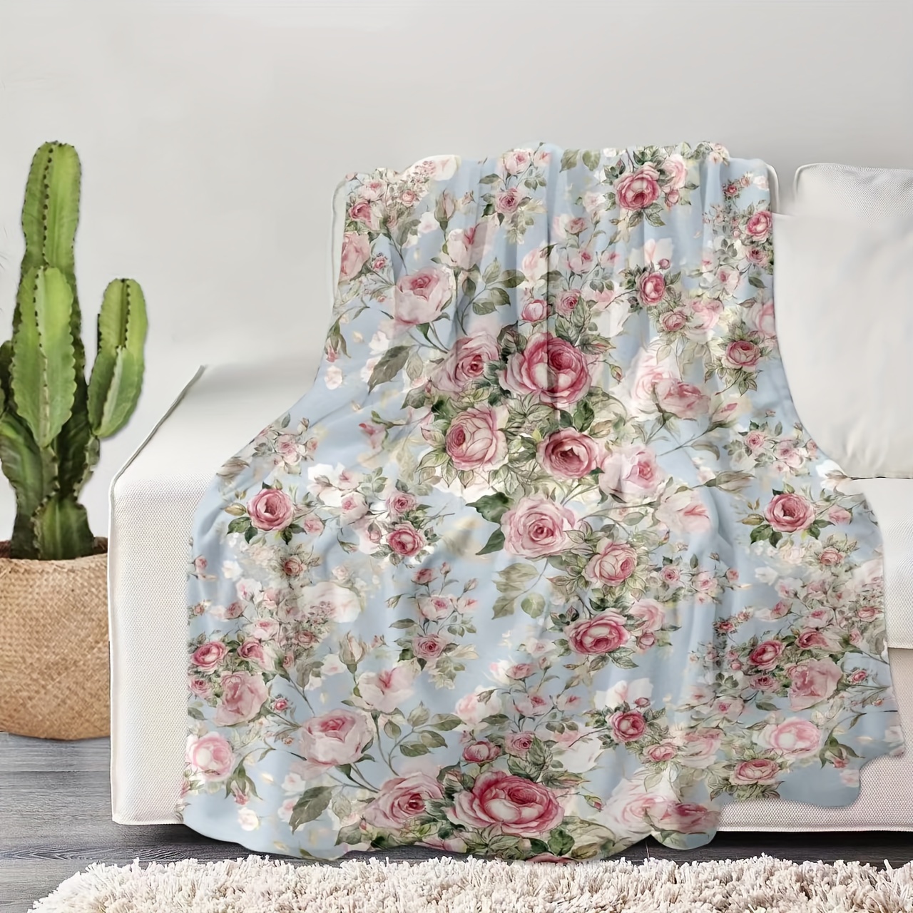 

1pc Soft And Warm Floral Rose Print Flannel Blanket For Couch, Sofa, Office, Bed, Camping, And Traveling
