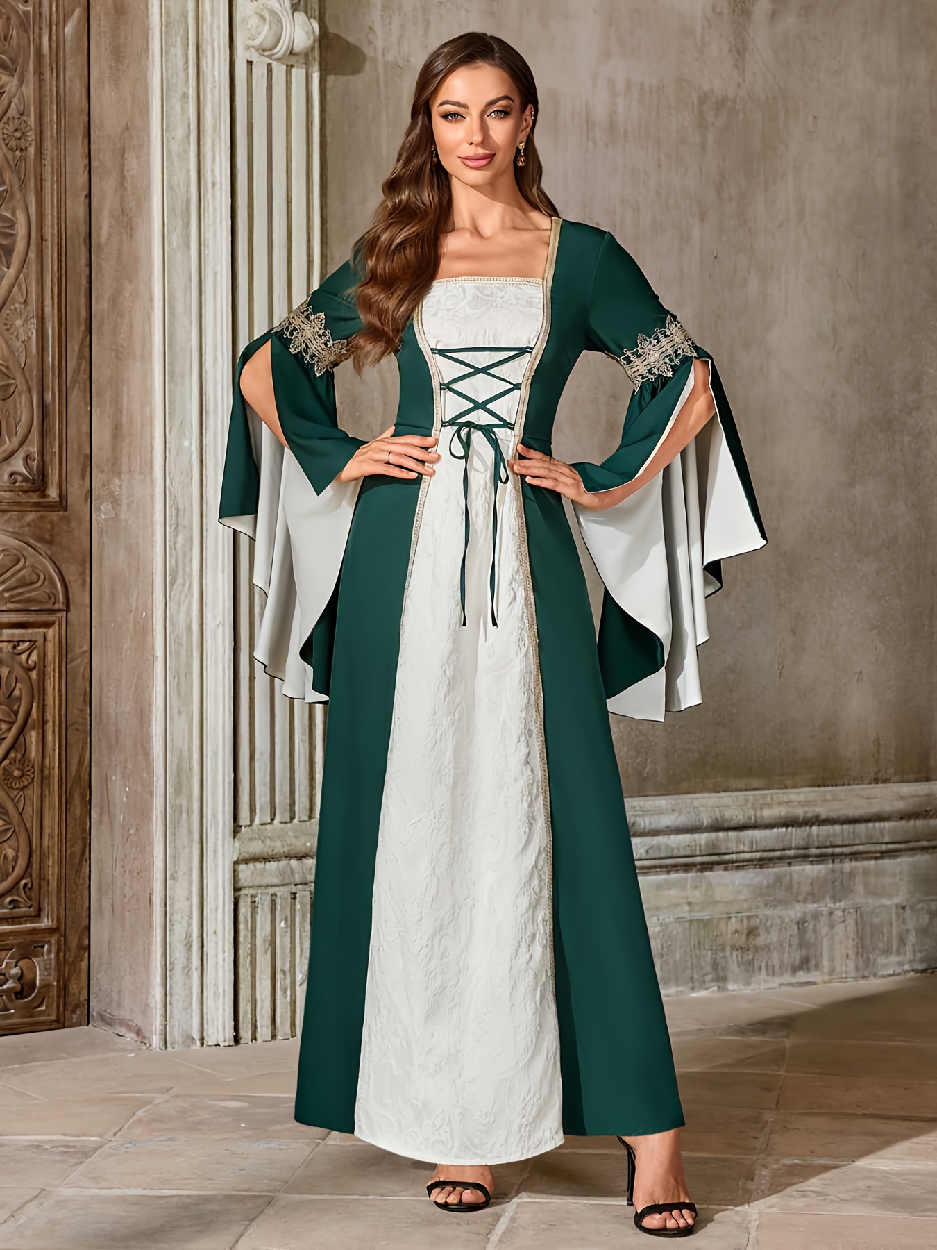 medieval court style womens vintage dress dark green lace - Temu
