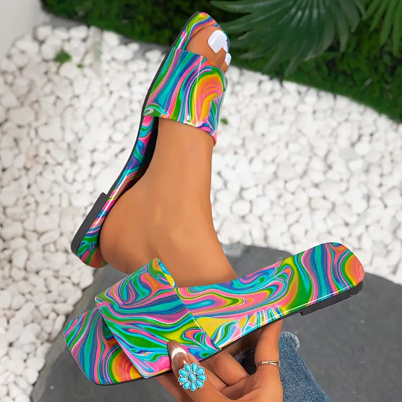 womens abstract color slide sandals fashion open toe flat summer shoes lightweight slide sandals details 0