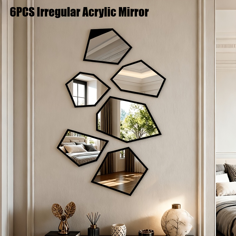 TEMU 6pcs Acrylic Irregular Bathroom Mirror - French Style Bathroom Decoration Mirror, Suitable For Bathroom, Living Room, Bedroom Background Wall