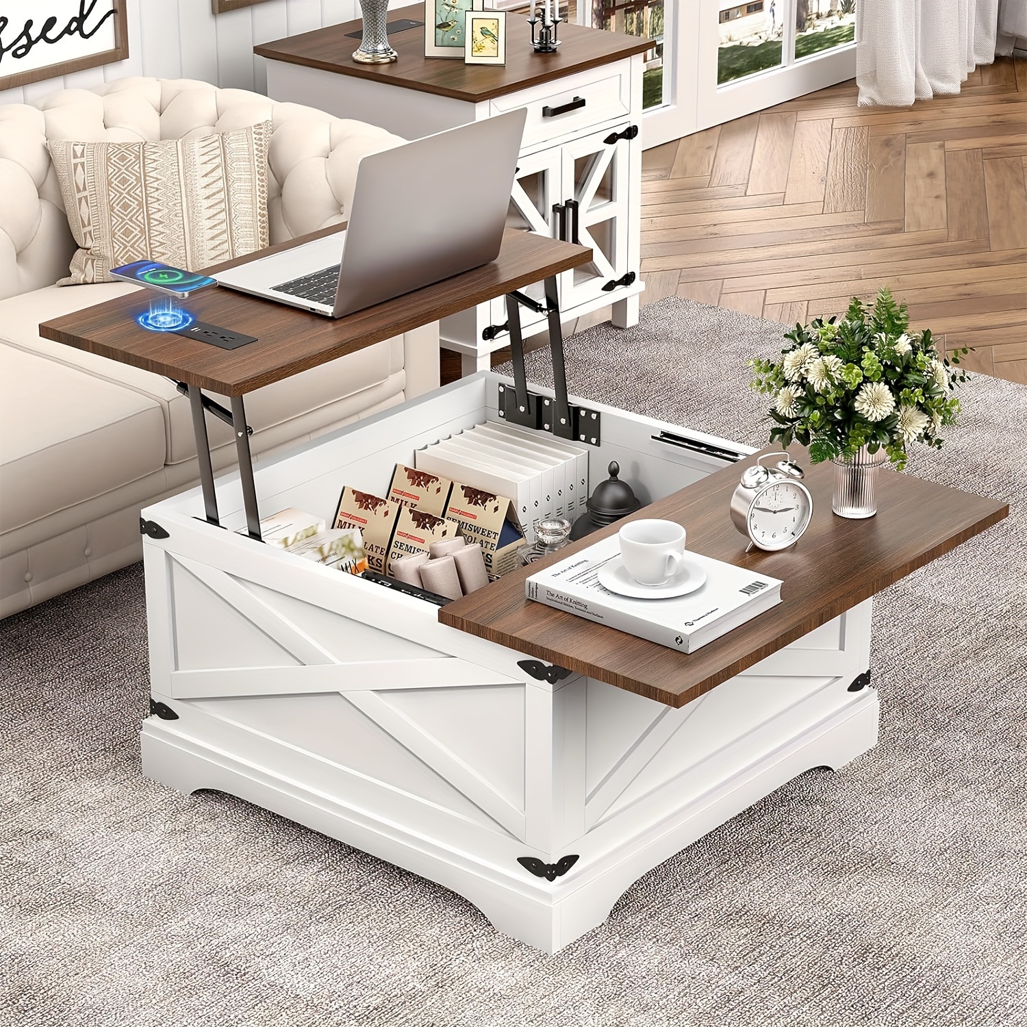 

Farmhouse Table, Lift Top Coffee Table With Wireless Charging Station, Coffee Table With Large Hidden Storage Shelf For Living Room, Inch (80cm) D X Inch (80cm) W Inch (45.7cm) H