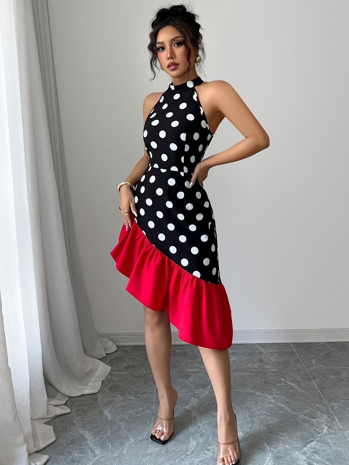 womens elegant black red contrast halter asymmetrical dress - Temu United  Arab Emirates