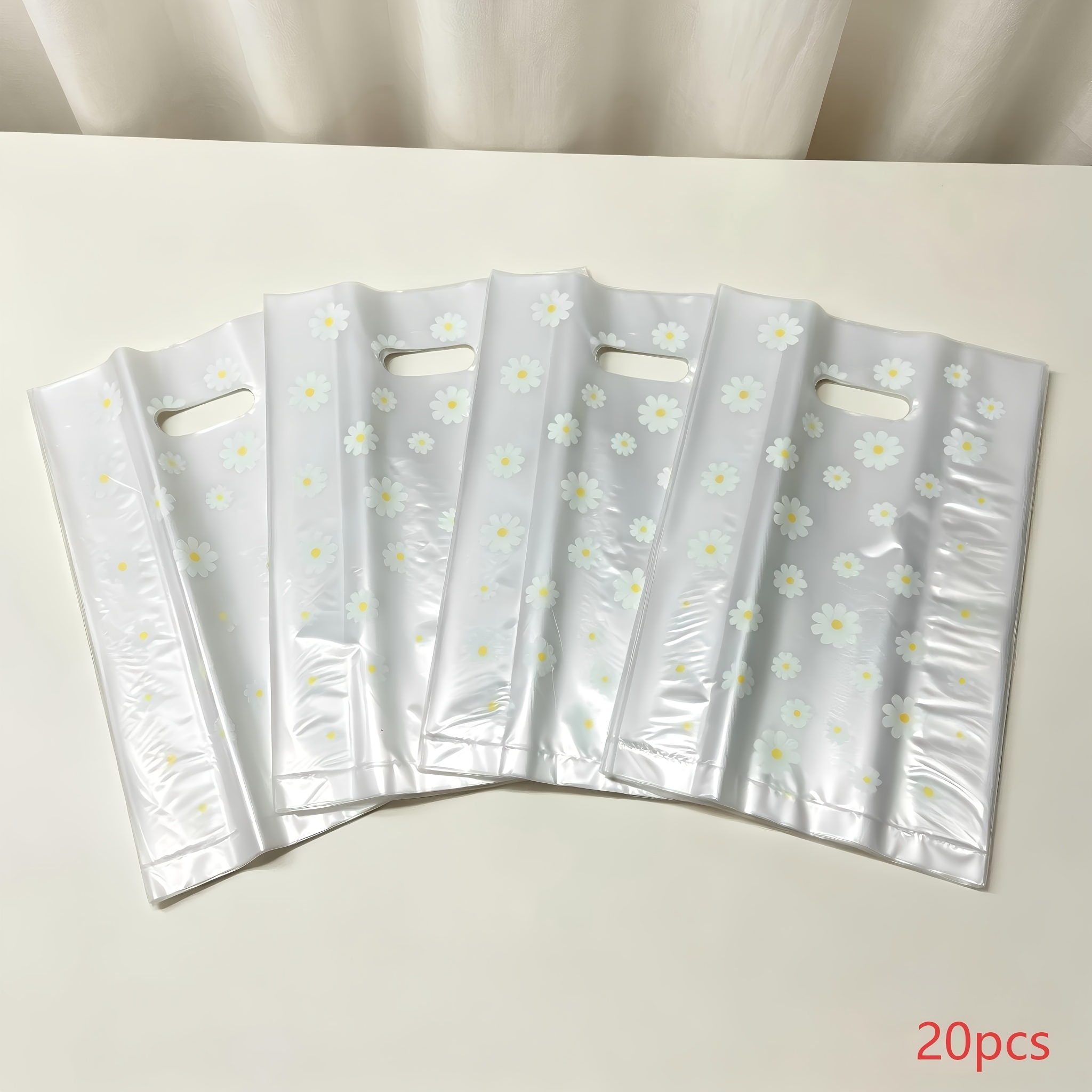 TEMU Daisy Plastic Gift Bags With Handles, Small Transparent Floral Shopping Merchandise Bags, Daisy Print Retail Packaging Bags For Jewelry,