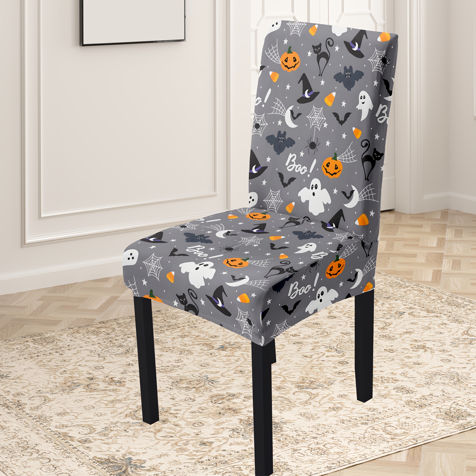 

4/6pcs High Elastic Spandex Dining Chair Covers, Halloween Theme With Classic Prints, Stretchable Ghost & Pumpkin Design, Dust-resistant, Machine Washable, Fits Most Chairs