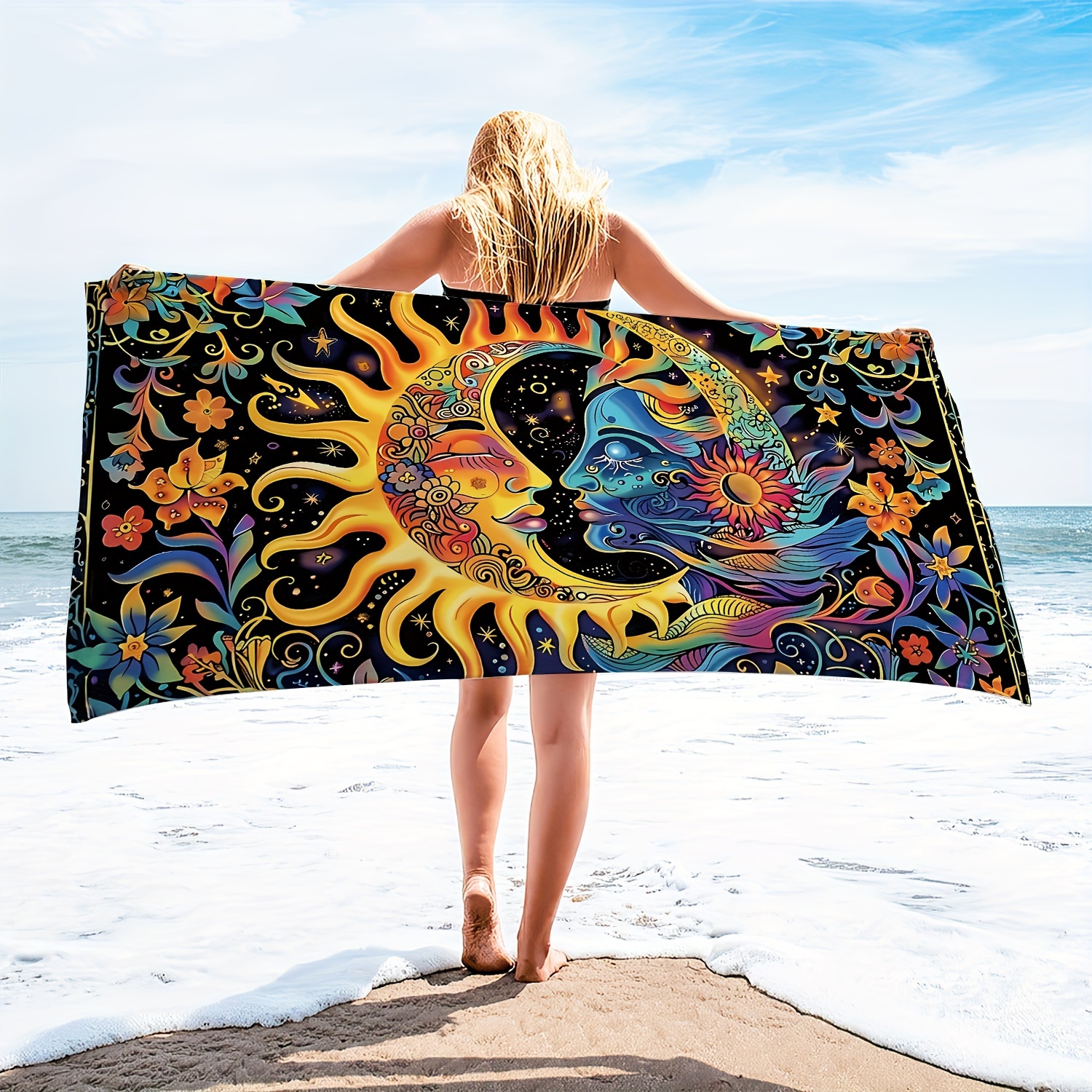 

1pc Sun And Moon Floral Microfiber Beach Towel, Psychedelic Hippie Extra Large Beach Towel, Lightweight Sandproof Quick-drying Thin Absorbent Towel, Swimming Pool Camping Beach Accessories