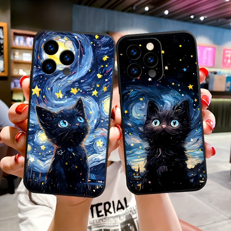 

Tpu Soft Phone Case Cover For Models With Cartoon Cool Printing - Funny Black Cat Starry Night Design - Durable And Protective Basic Case [la545]