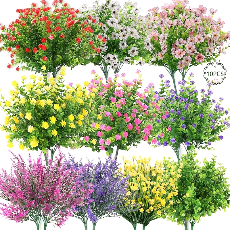 

10pcs Style Artificial Flowers, Uv Resistant Plastic Shrubs For Indoor Outdoor Pot Decor, Non-fading Boxwood Greenery For Home, Balcony, Wedding, Decor - Romantic Floral Arrangements