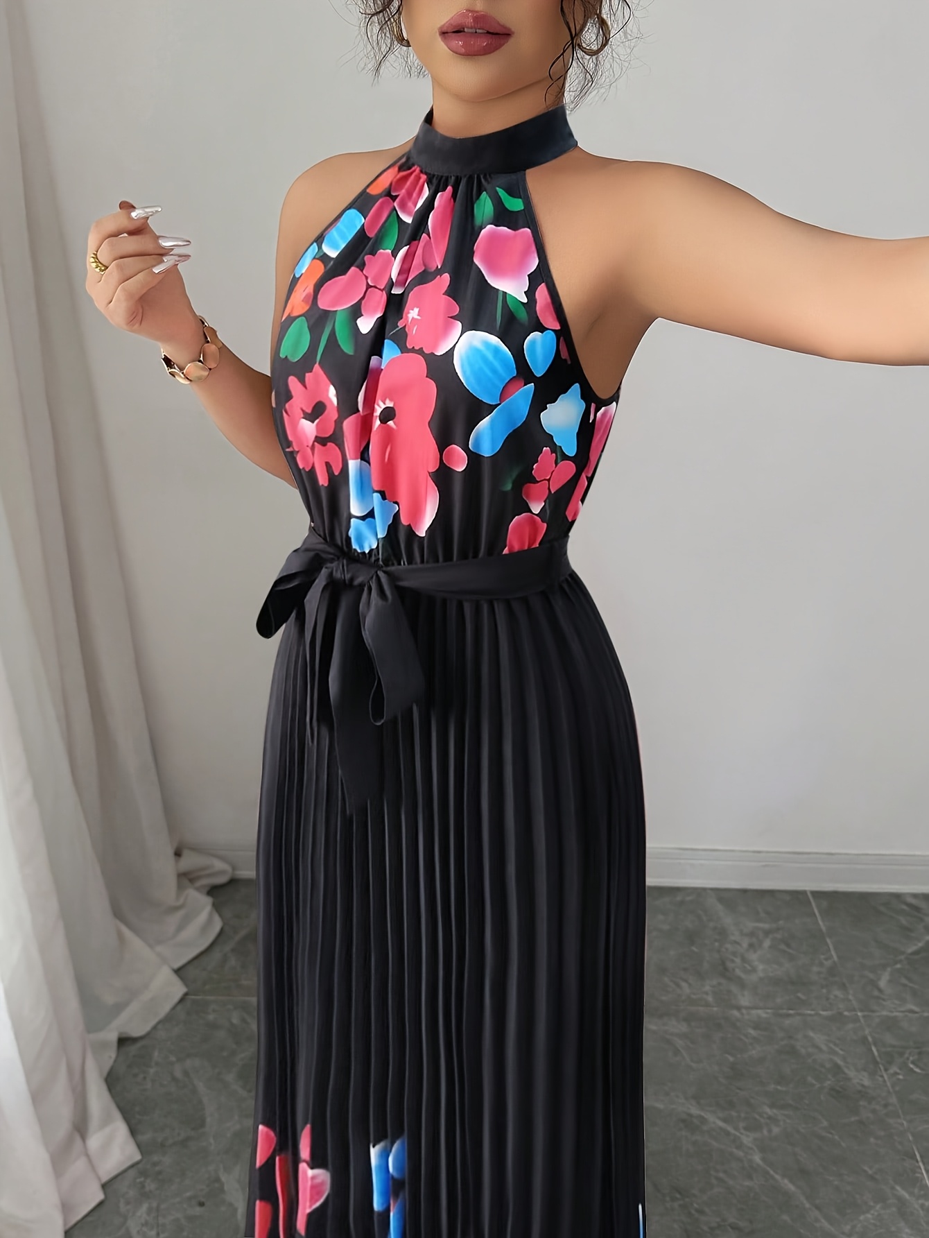 Fashionable New Women'S Summer Halter Floral Print Pleated Dress
