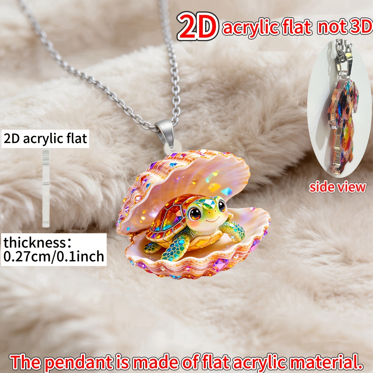 Turtle in a Seashell Acrylic Pendant Necklace, Women's Gift