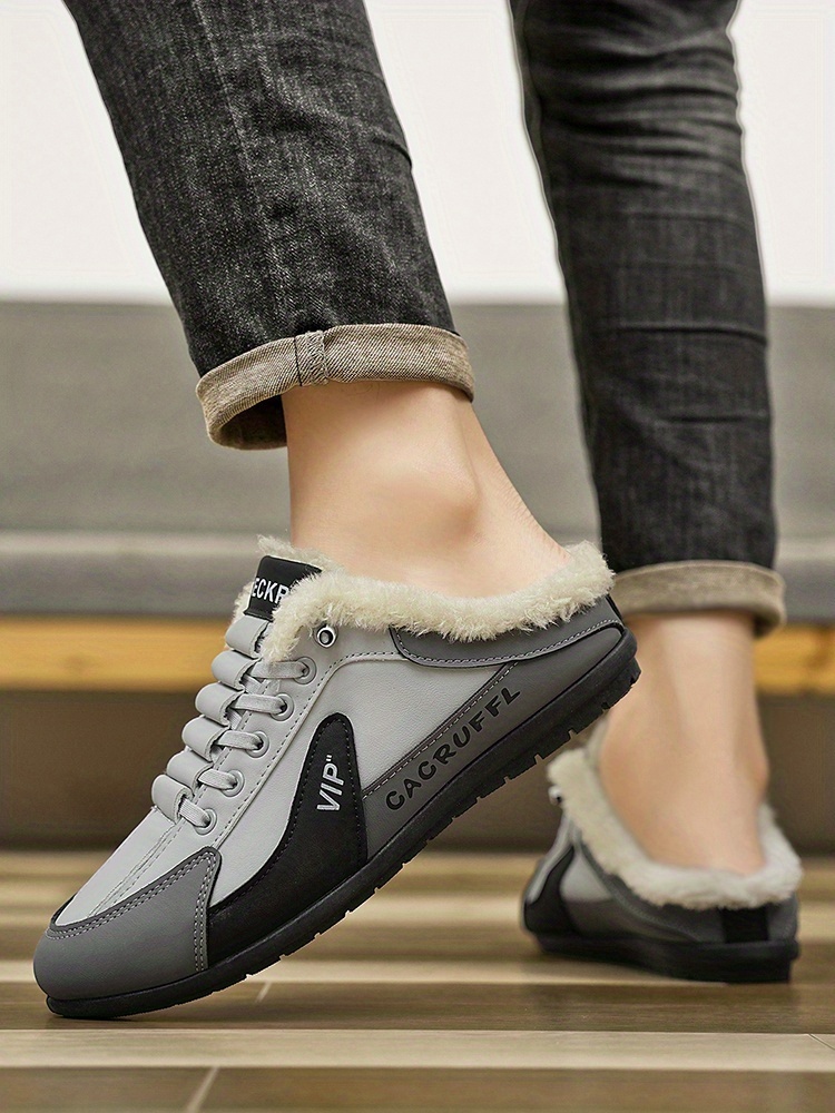 A pair of shoes with elastic band and velvet cover, warm and comfortable lining, suitable for outdoor street walking in winter, outdoor walking, indoor leisure and home use, Indoor Slippers, Round Toe Shoes, Slipon Design, Cozy Footwear, PVC Sole