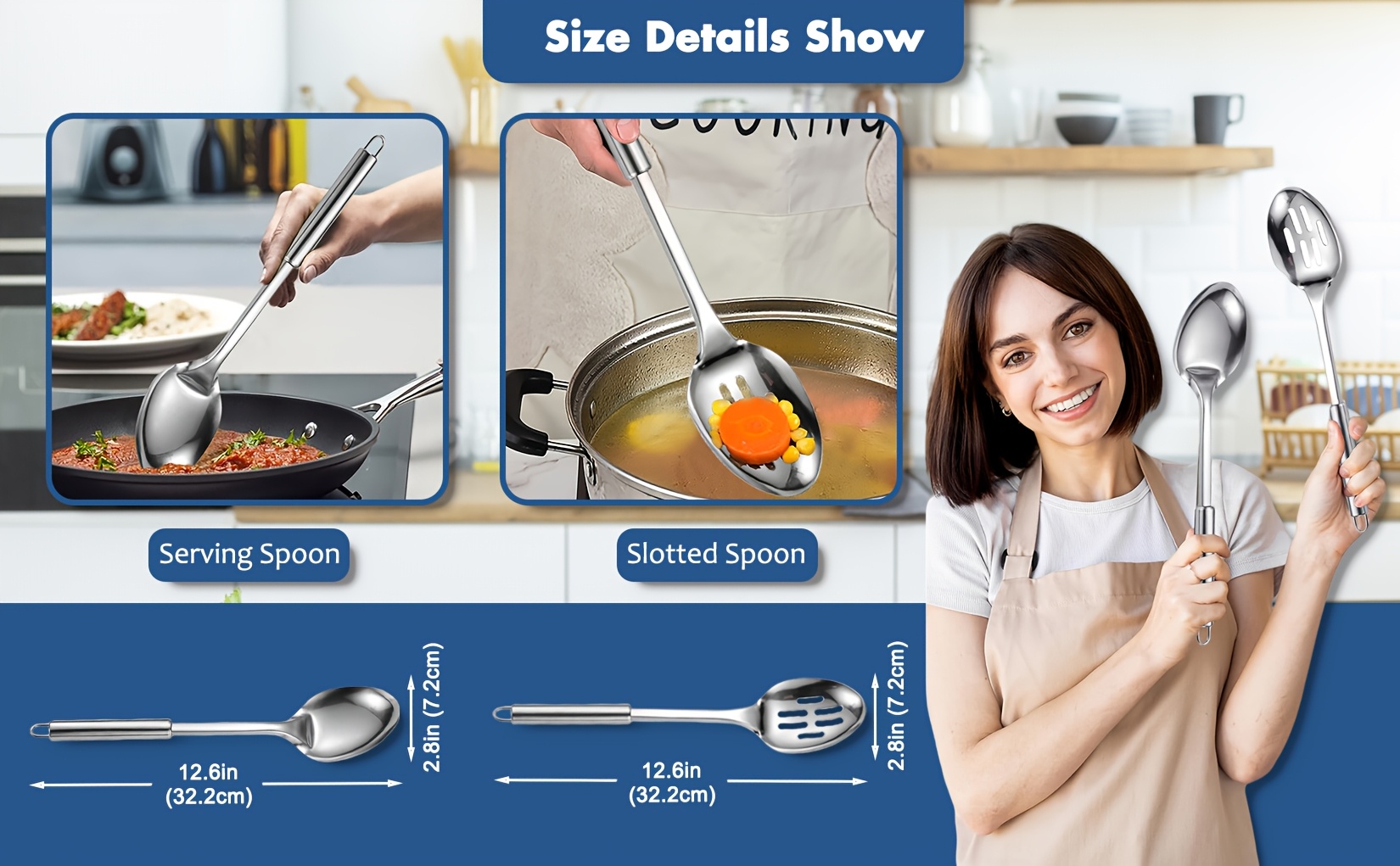 cooking spoon set 2pcs stainless steel cooking utensils set kitchen utensil set serving spoon slotted spoon heat resistant handle dishwasher safe easy to clean details 2