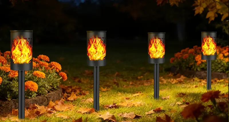 FLOWood Solarlampen Außen – 4 Stück, 12 LED Flackerfeuer, IP65 Wasserdicht, Für Garten, Rasen & Terrasse