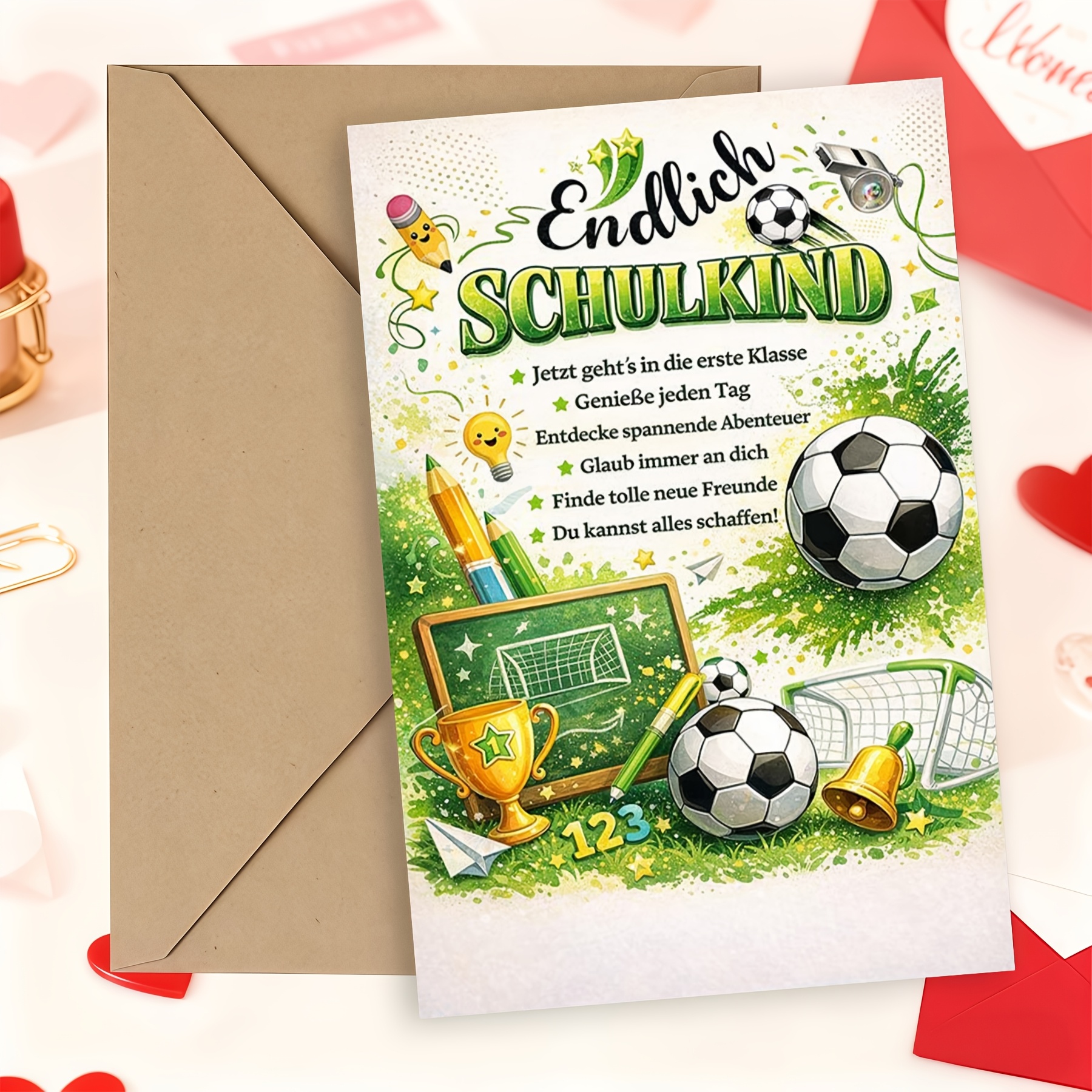 1set German Einschulung Card For Soccer Fans, "jetzt Geht' Die " Verse, Football Pitch & School Supplies Themed First Day Of School Greeting With Envelope