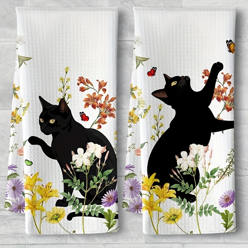 TEMU 2pcs Set, Black Cat In Flower Printed Towels, Modern Absorbent Cloth, Cooking Baking Tea Towels, Dishcloths, Tea Towels, Super Soft And Highly