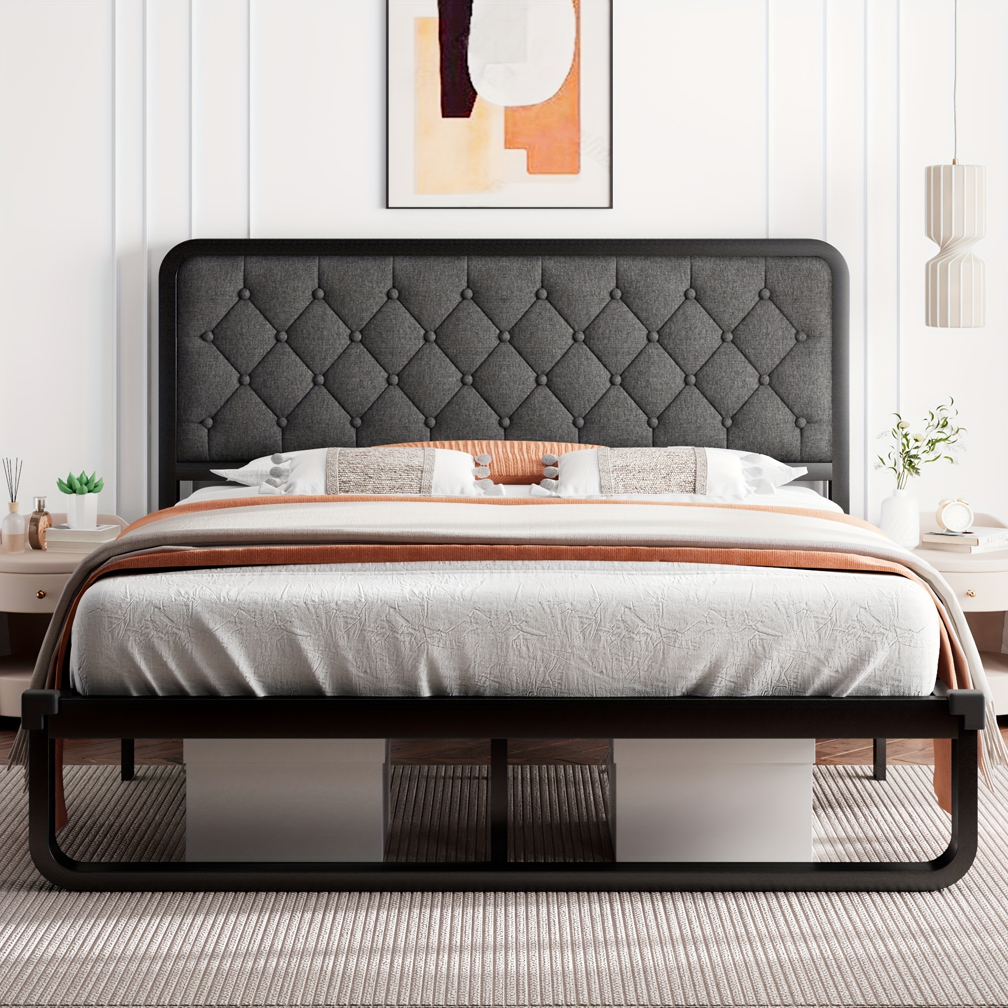 

14" Metal Bed Frame With Headboard, Curved Platform Bed Frame, Thicker Metal Steel Slats Support, Noise-free, Easy Assembly