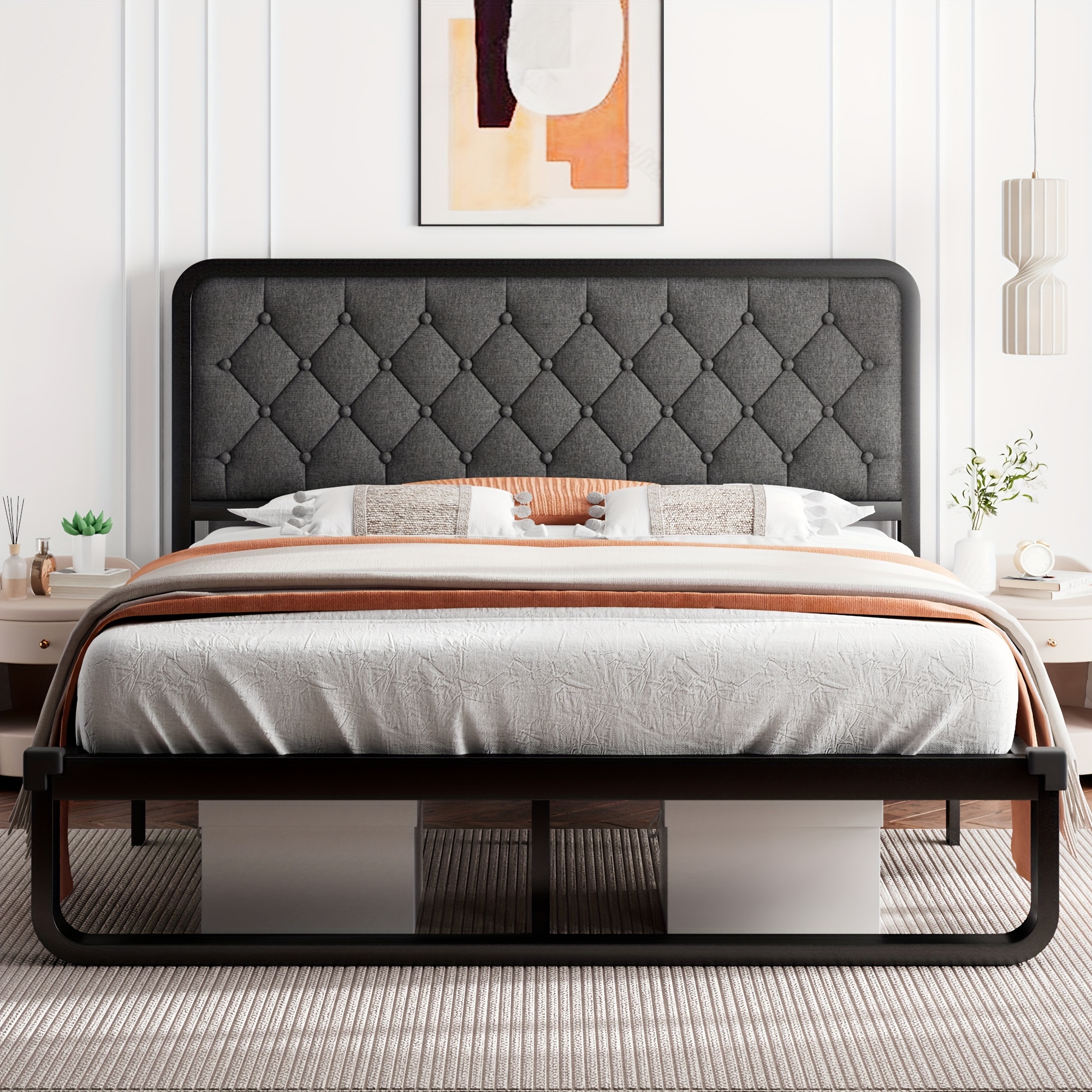 

14" Metal Bed Frame With Headboard, Curved Platform Bed Frame, Metal Steel Slats Support, Noise-free, Easy