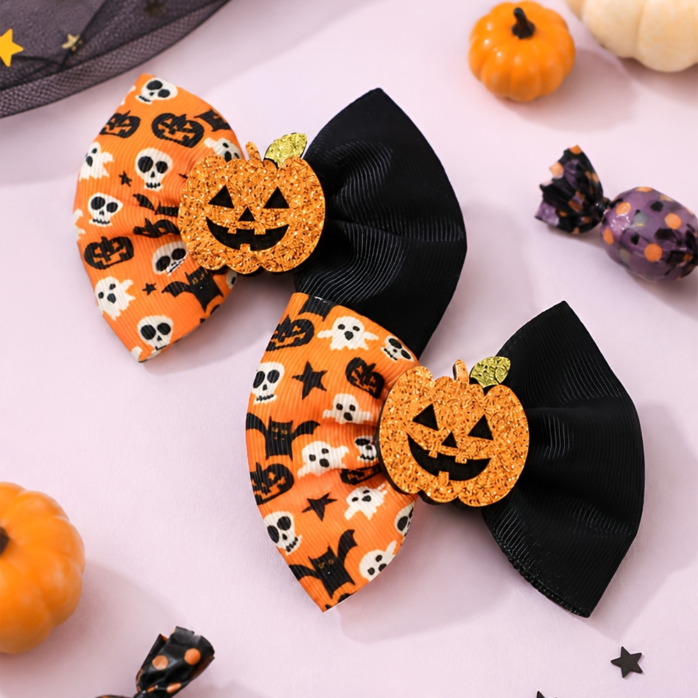 TEMU Lot de 2 pinces à cheveux nœuds d'Halloween, nœud en ruban gros-grain avec à paillettes et rose, citrouille et araignée avec chapeau de , jolis
