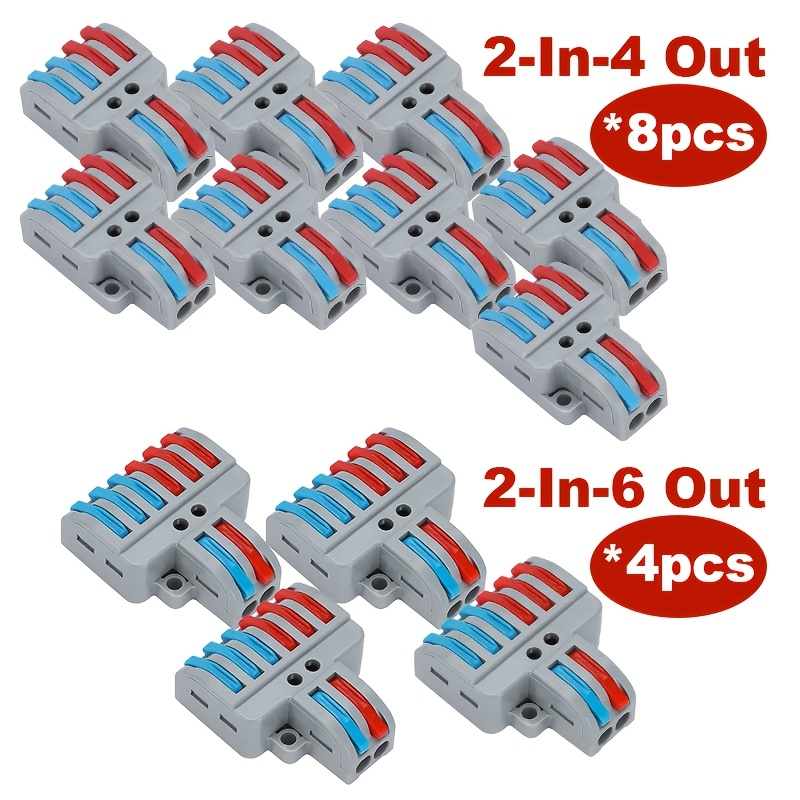 12pcs Lever-type Wire Connector Kit, 2-in-4 Out + 2-in-6 Out Quick Wire Push-in Terminal Blocks