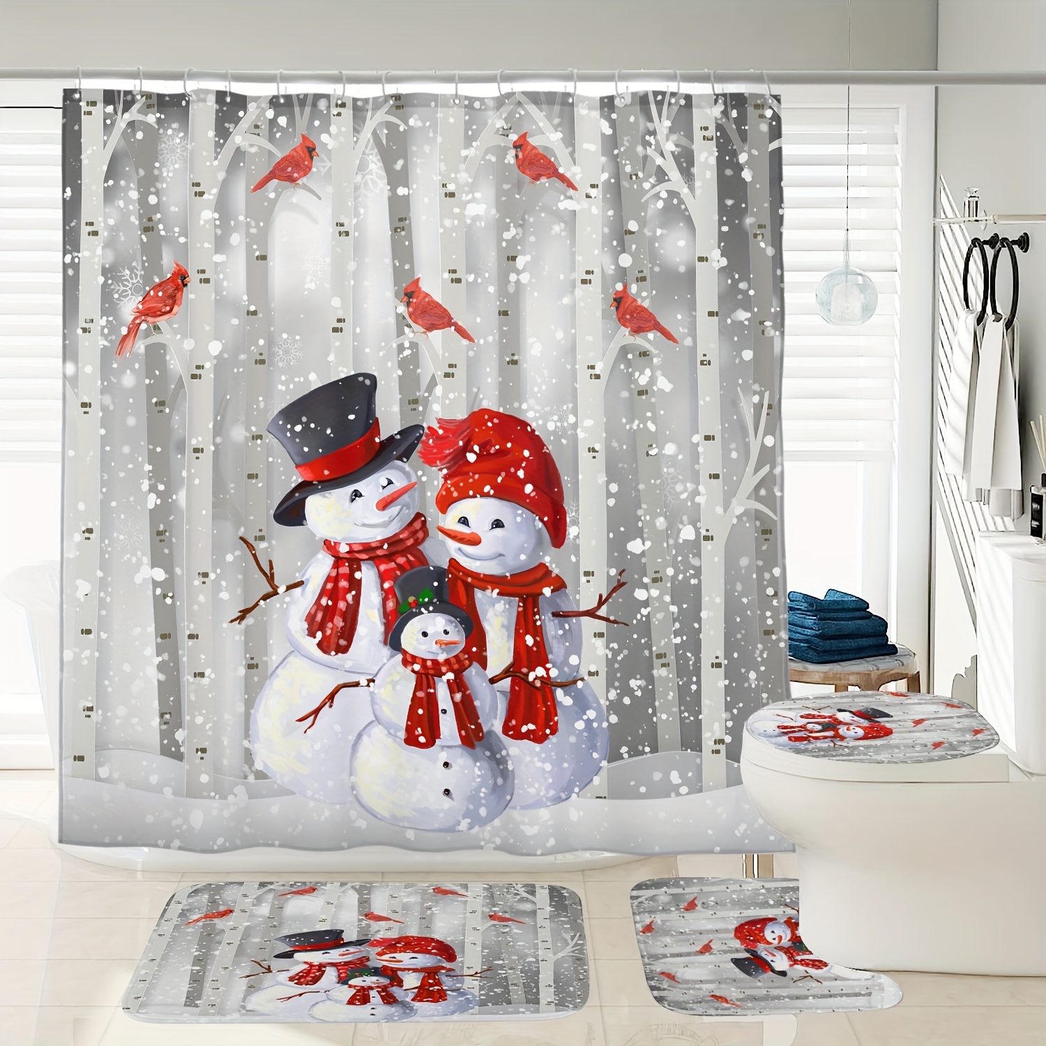 

Snowman Family Christmas Shower Curtain Set - 1/4pcs Waterproof Bathroom Decor With Mat, Toilet Lid Cover & 12 Hooks, Machine Washable Polyester, 72"x72