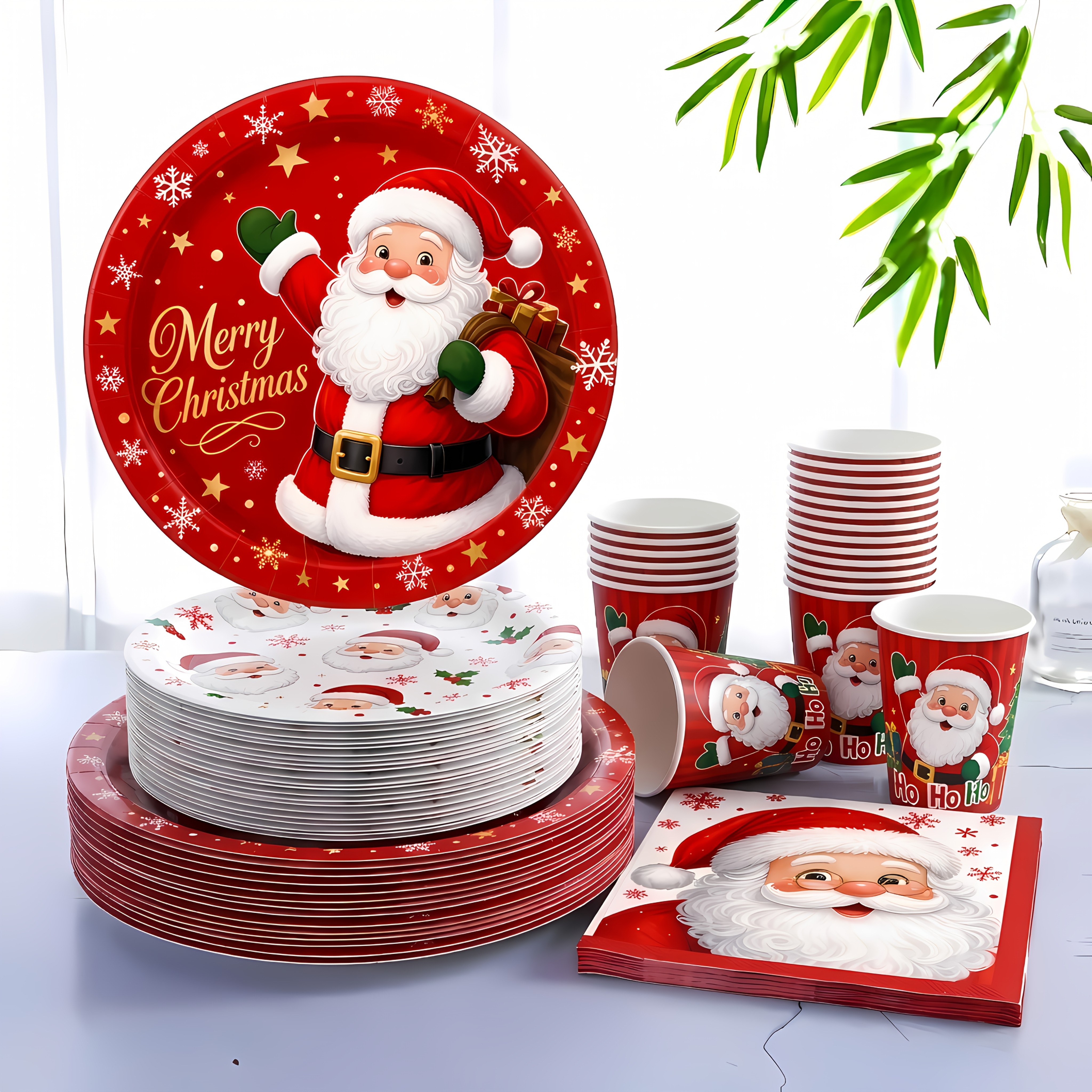 TEMU Ensemble de 80 pièces d'assiettes et de vaisselle de fête | Thème Père Noël Noël pour fête d'année | Gobelets en papier et serviettes | rouge de