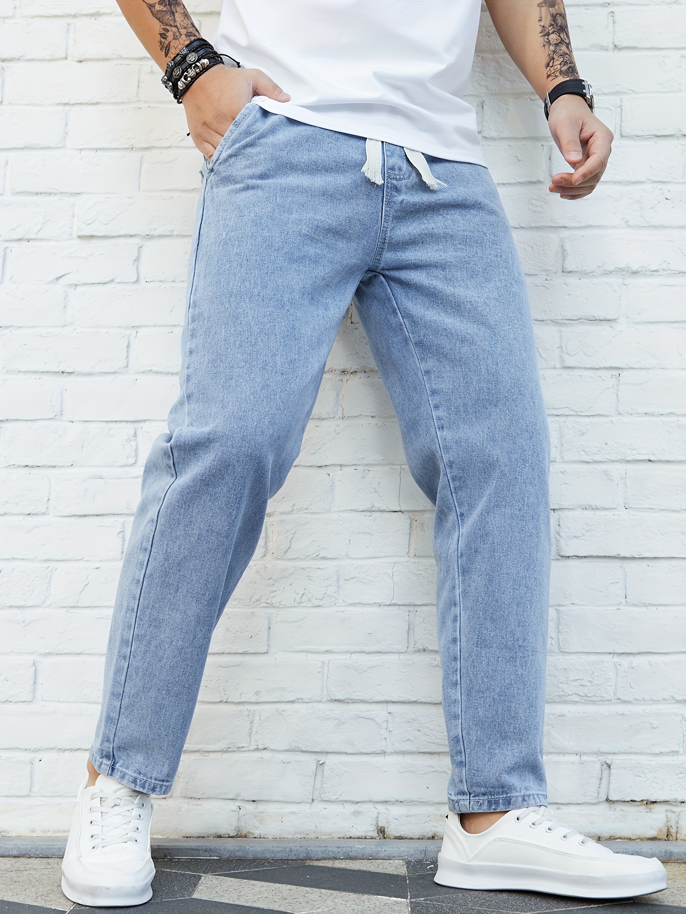 Men's Washed Denim Pants, Spring/Autumn Fashion Brand Loose Straight-Leg Elastic Waist Drawstring Versatile Japanese Style Casual Cropped Pants, Geng Yuanshi