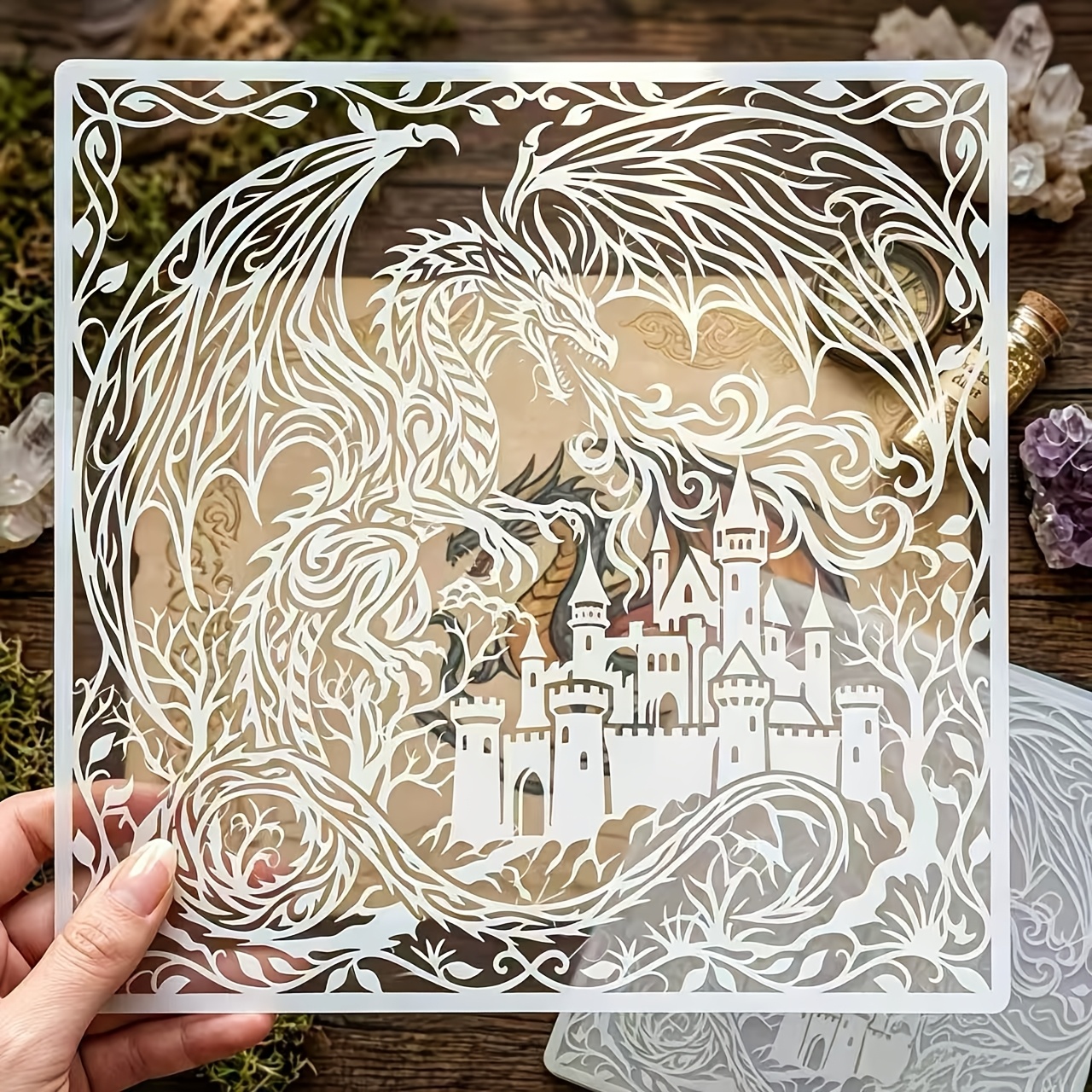 TEMU Gothic Dragon Castle Stencil, Fire Breathing Dragon Template, Vintage Reusable Laser Cut Gothic Painting Stencils For Card Making, Scrapbooking