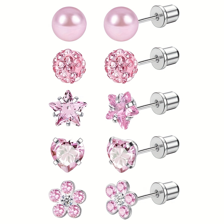 TEMU 5 Pairs Of Screw Back Earrings For Girls - 316l 316l 316l Stainless Steel Earrings With Heart, Star, And Cubic Synthetic Synthetic Zircon​​