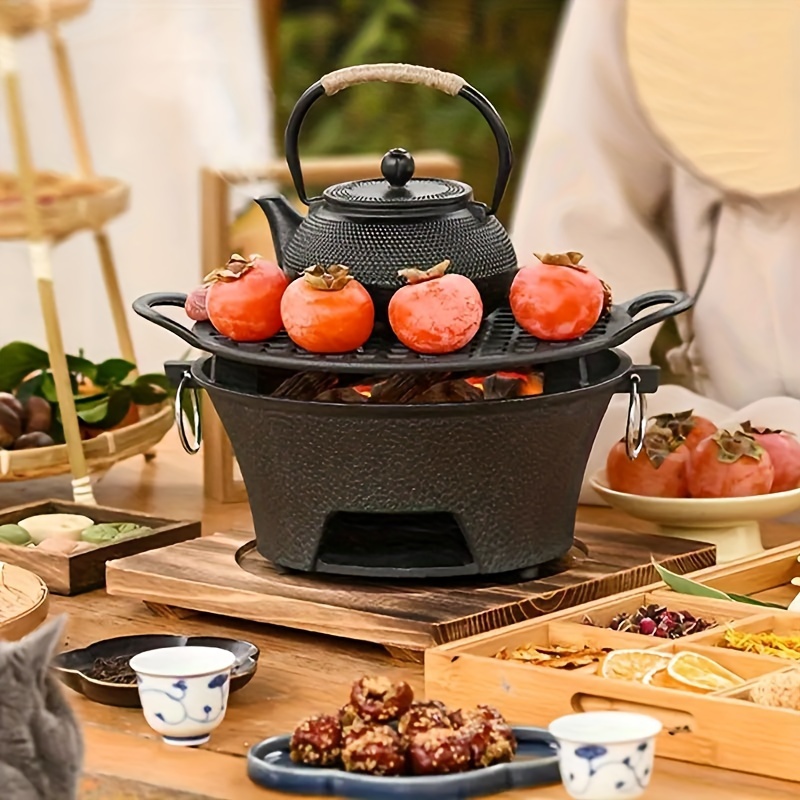 cast iron charcoal grill stove with net     pan portable bbq teapot heating indoor outdoor use hand wash only details 0