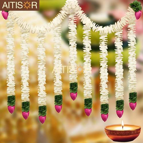 2pcs 30 inch 76cm diwali decorations artificial jasmine garland with lotus buds pooja decoration indian traditional jasmine garland wall hanging for puja