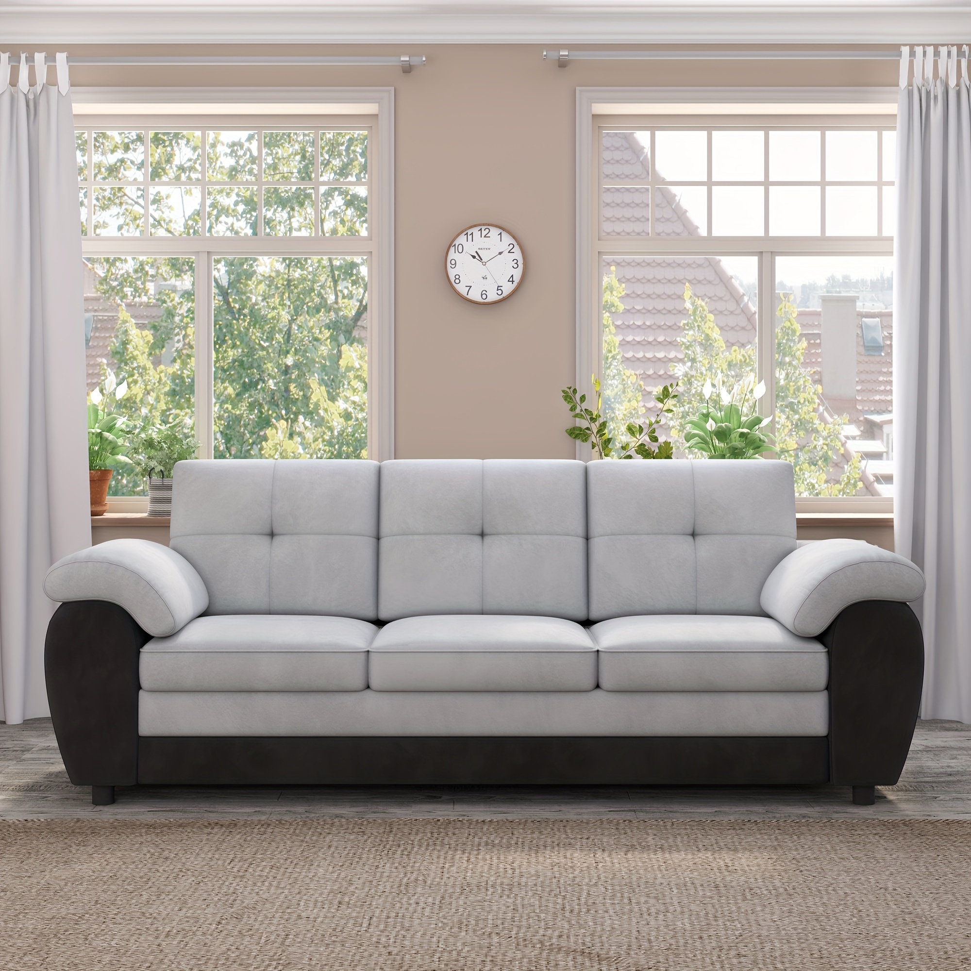 

81.9 In Large Size Seat Sofa, Couch For Living Room, Modern Upholstered, Black Leather P. With Light .armrest Cushions Are Inside The Armrest Of The Sofa.