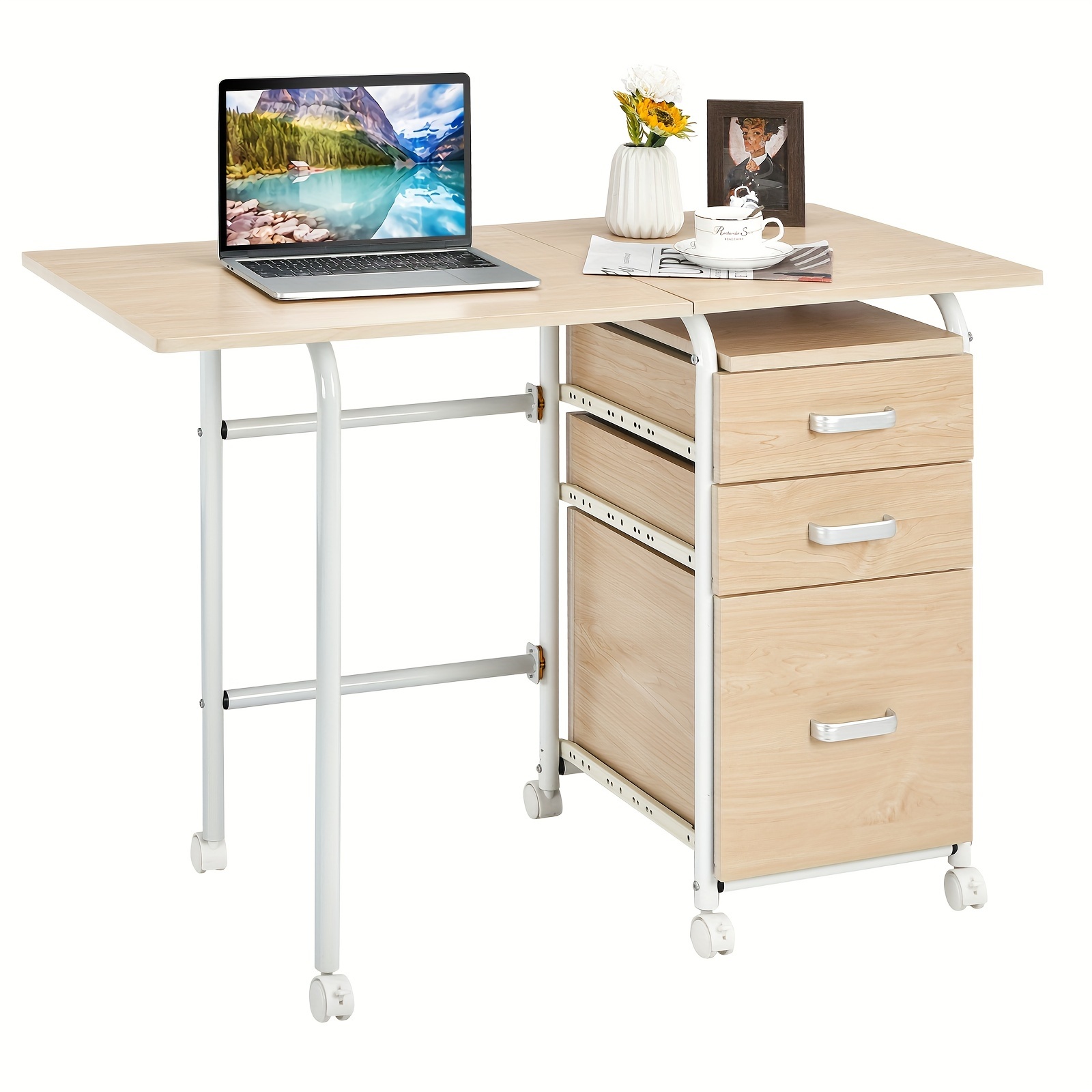 

1set Adjustable Wooden Folding Computer Laptop Desk With 3 Drawers 41.5" Mobile Home Office Furniture, Classic Style Wheeled Workstation With Storage